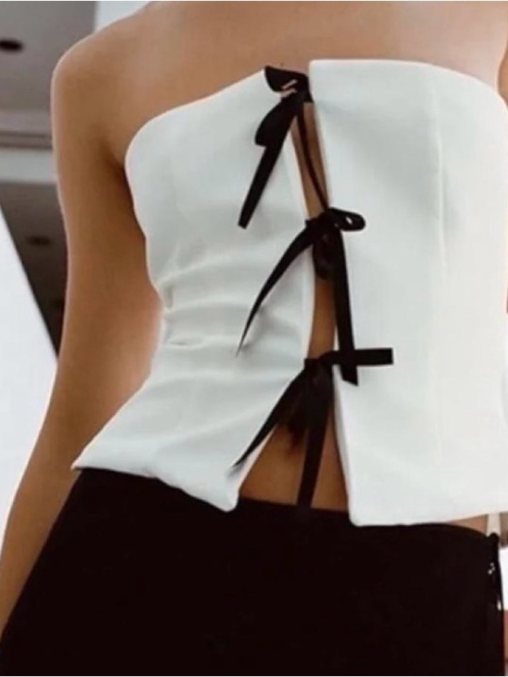 Zara White Strapless Corset Top with Black Ribbon Ties